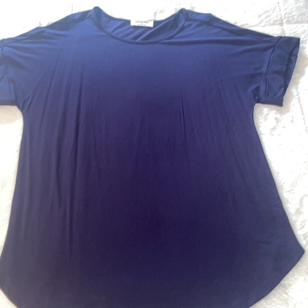 NWOT Zenana Navy Crewneck Roll-Sleeve Curved-Hem Tunic Tee - Picture 3 of 9